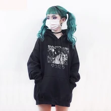 Winter Black Women Hoodies Long Sleeve Japanese Manga Comics Sweatshirt Anime Pattern Loose Hoodies