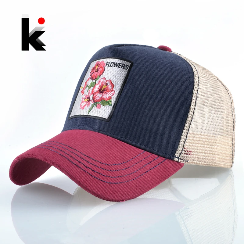 

Breathable Baseball Cap Women Spring Summer Mesh Snapback Trucker Hat For Men Flower Embroidery Hip Hop Bone Gorras Visor Hats
