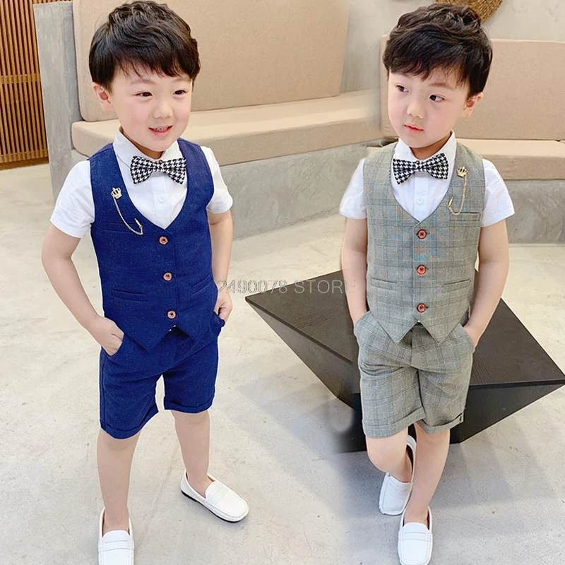 

2019 Flower Boys Formal Ceremony Suit Vest +Shorts 2pcs Kids Wedding Clothing Set Children Piano Prom Dance Performance Costume