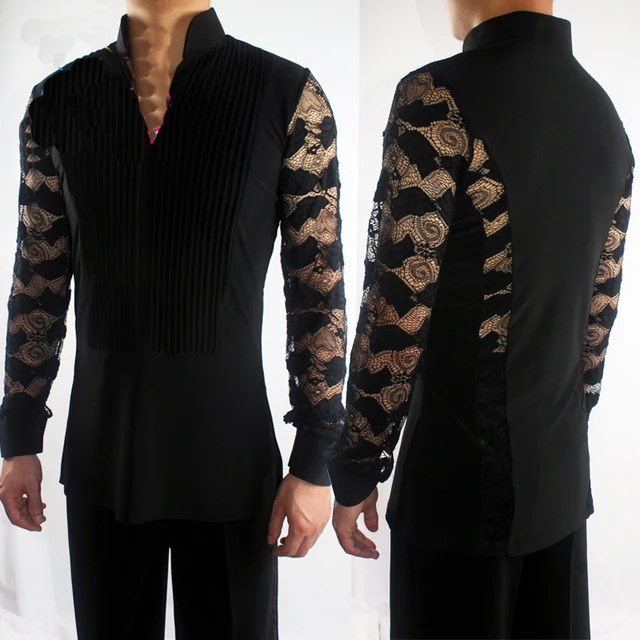 2018 New Ballroom Latin Dance Shirts Male Black Long Sleeve V Collar Shirt Men Samba Cha Cha Dancing Tops Performance Wear N7026 -
