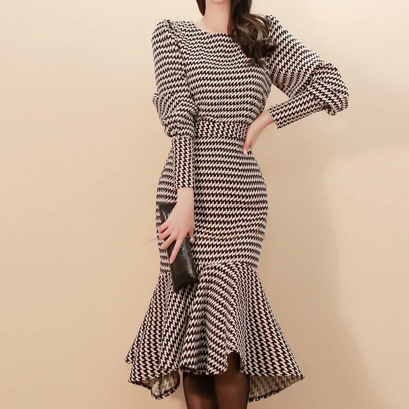 

HAMALIEL Fashion Winter Women 2 Piece Set Tweed Houndstooth Long Sleeve Tops + Slim Plaid Bodycon Ruffles Mermaid Skirt Suits
