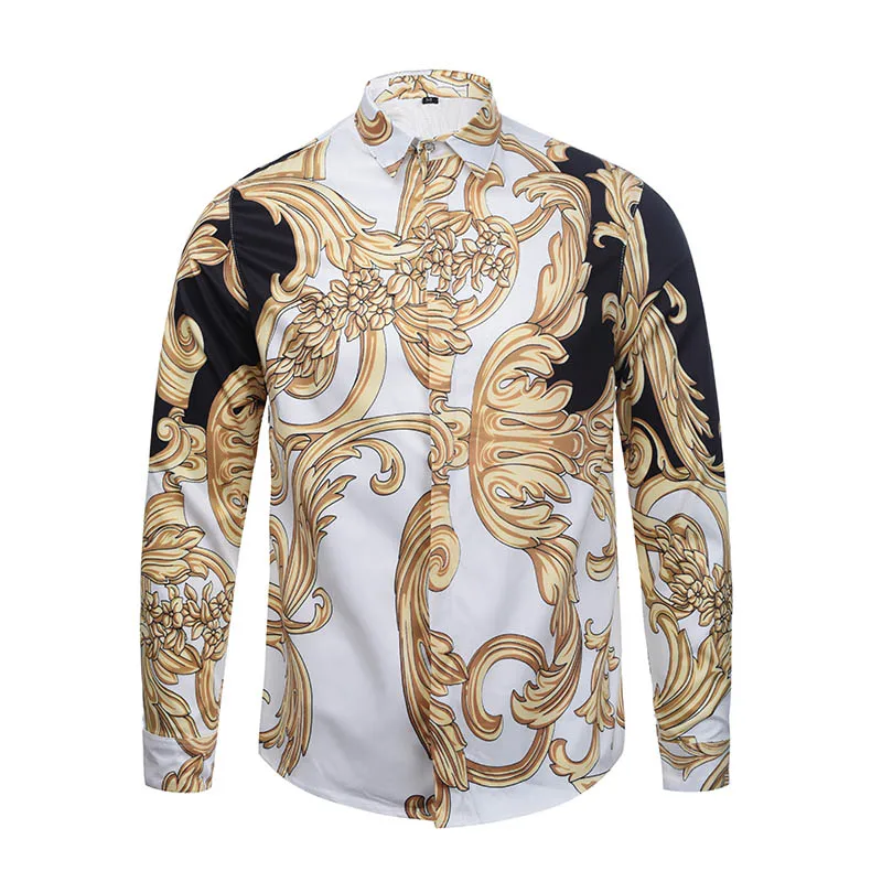 

True Reveler fashion party club dress shirts white gold blouse men long sleeve flower lion black yellow nightclun royal shirt