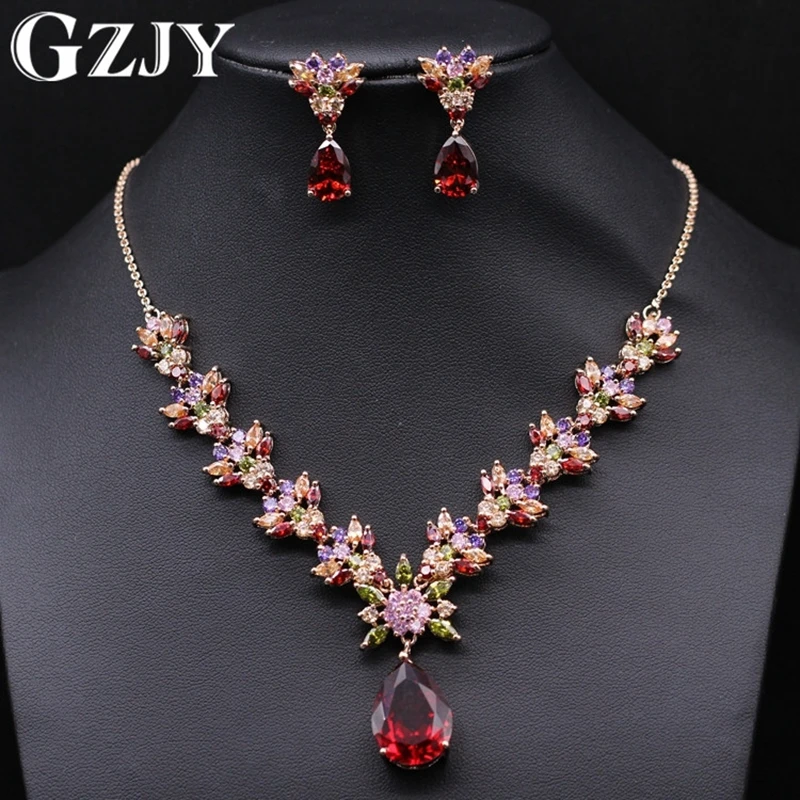 GZJY Gorgeous Jewelry Sets Gold Color Multicolor AAA Cubic Zircon Necklace Earring Set Wedding&ampEngagement 2colors | Украшения и