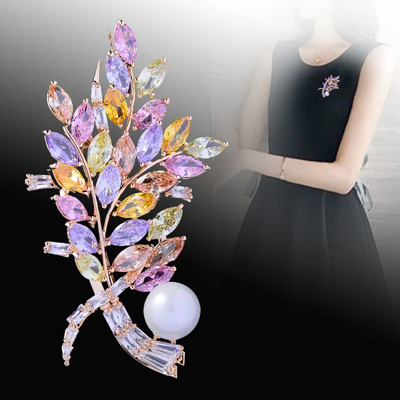 Trendy Elegant Jewelry Accessory Cubic Zircon Leafs Flower Brooches Pin Lady Scarf Buckle CZ Jewelry 2747