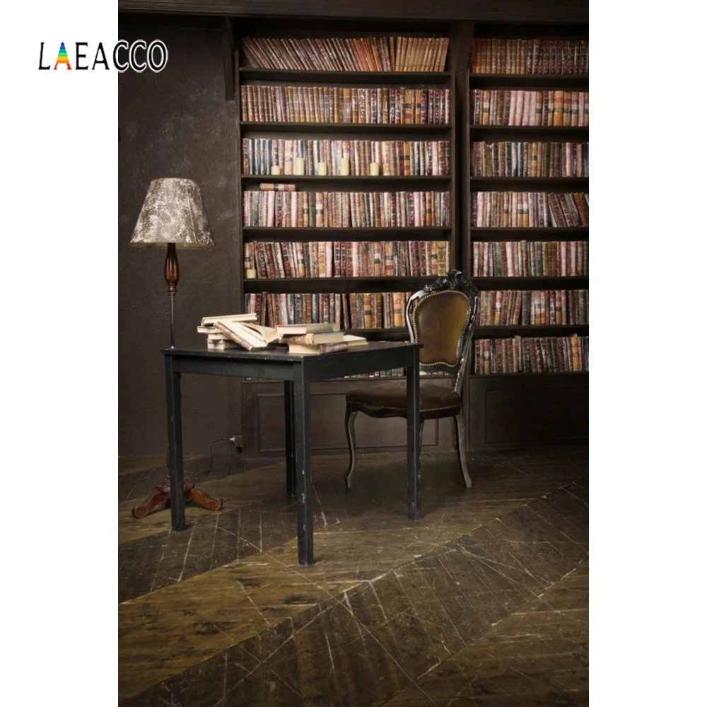 Laeacco книжные полки книги стол стул лампа в старинном стиле фотографии фоны на