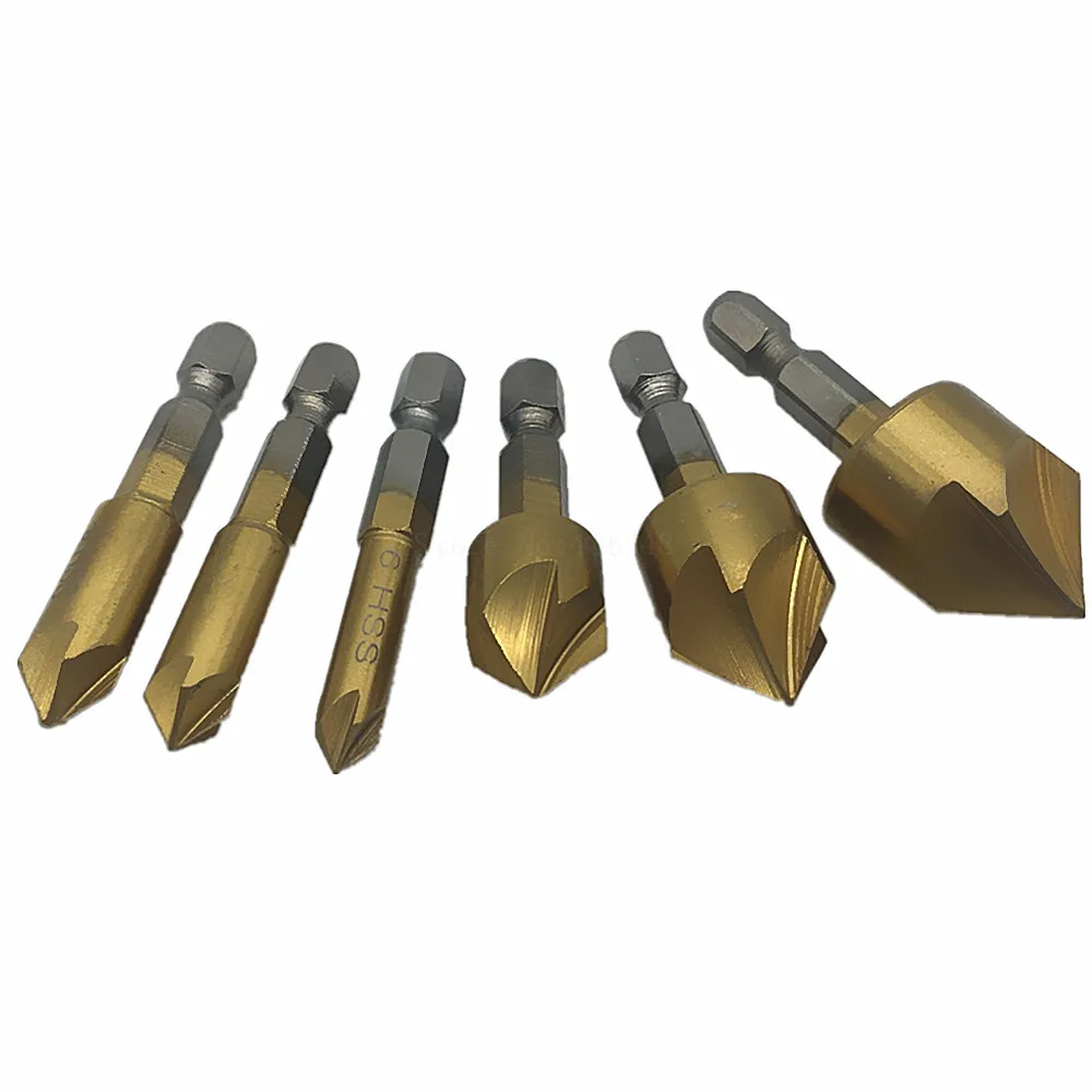 6pc 5 Flute Countersink Bit Set Hex Shank 6mm 19mm Titanium Coated