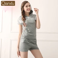 Женские повседневные пижамные комплекты, женская футболка с капюшоном и воротником, футболка с коротким рукавом+ шорты, кружевной лоскутный Пижамный костюм, летний костюм из двух предметов