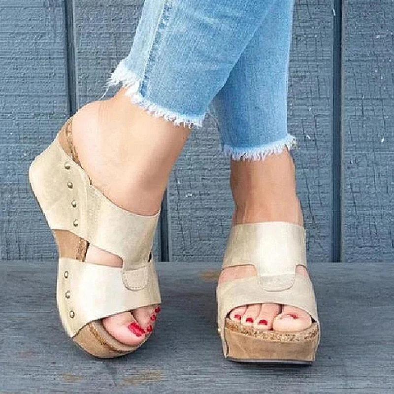 

VERTVIE 2019 Women's Slippers Summer Beach Casual Shoes Girls Leather Wedges Slippers Comfort Platform mujer Sliders femme