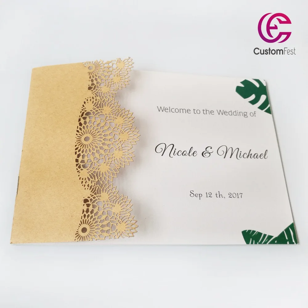 

Whole web unique CustomFest Self design 50pcs/set craft paper rustic theme laser cut invitation or programe
