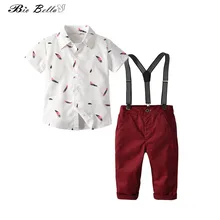 Комплект детской одежды для свадебной вечеринки, весна-лето, футболка+ штаны с поясом, 2 предмета, детская одежда для мальчиков джентельменов, комплекты костюмов для мальчиков