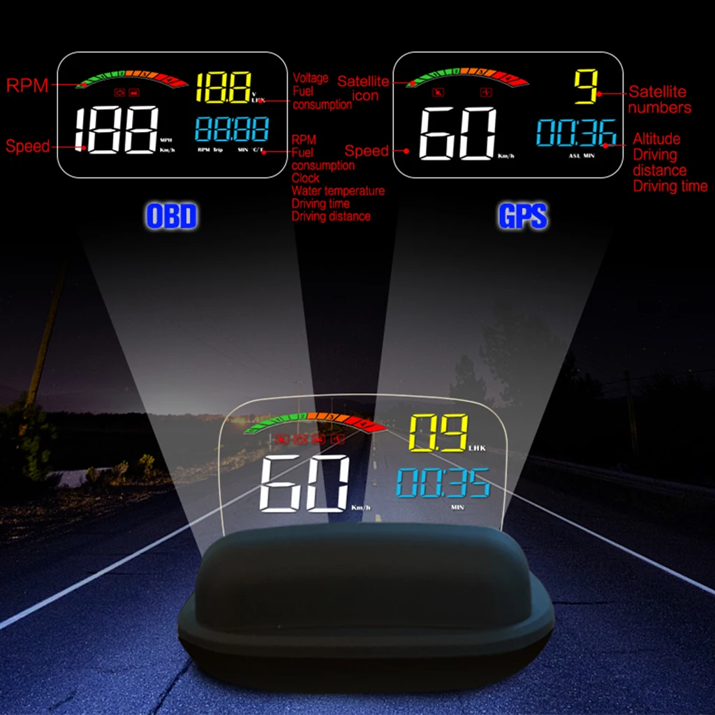 4 inch Screen Car HUD Projector Head Up Display Speed Warning Fuel OBD II GPS Speedometer Automatic Switch