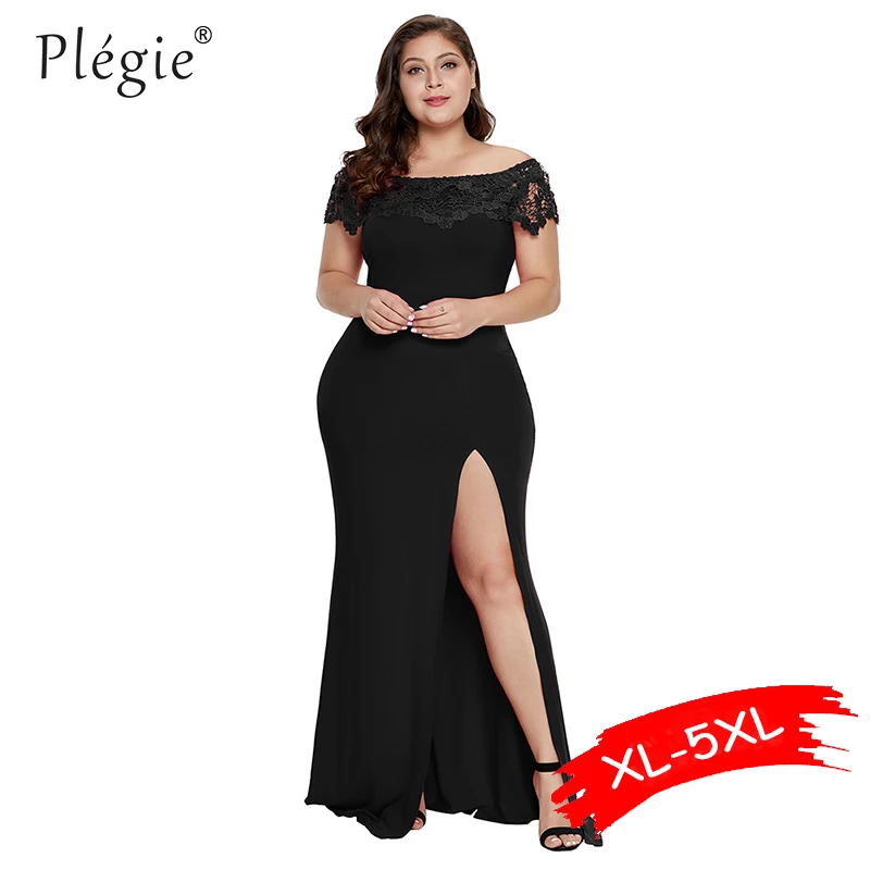 

Plegie 2019 Women Evening Party Dress Slash Neck Lace Patchwork Wrap Dresses Plus Size High Waist Split Long Dress Red Black