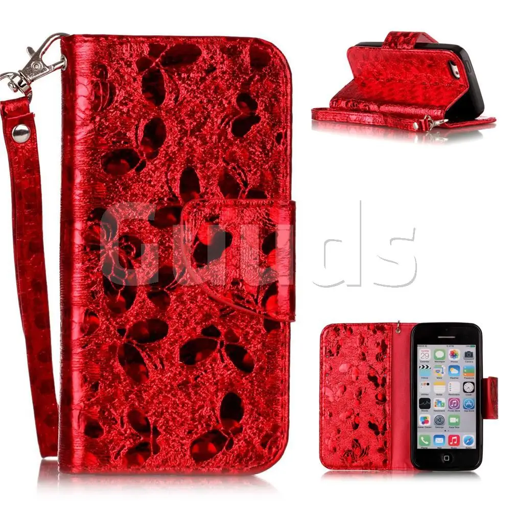 Luxury Laser Butterfly Optical Maser Leather Wallet Case for iPhone 5c - Red