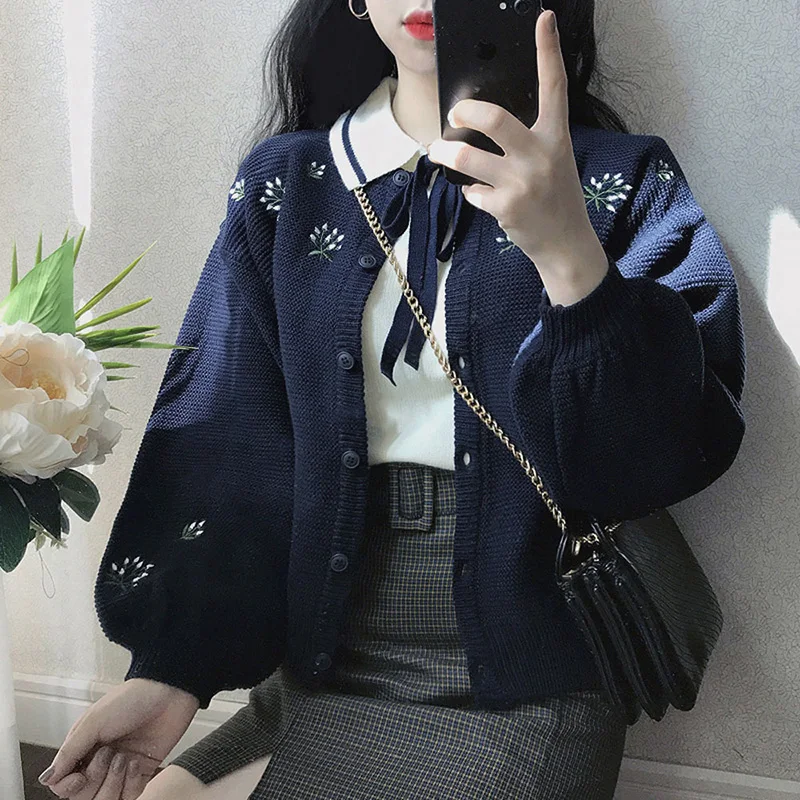  2018 Autumn Women Sweater New Small Fresh Bow Sweaters Female Korean Version Lapel Collar Sweet  Knit Pullover Women Tops