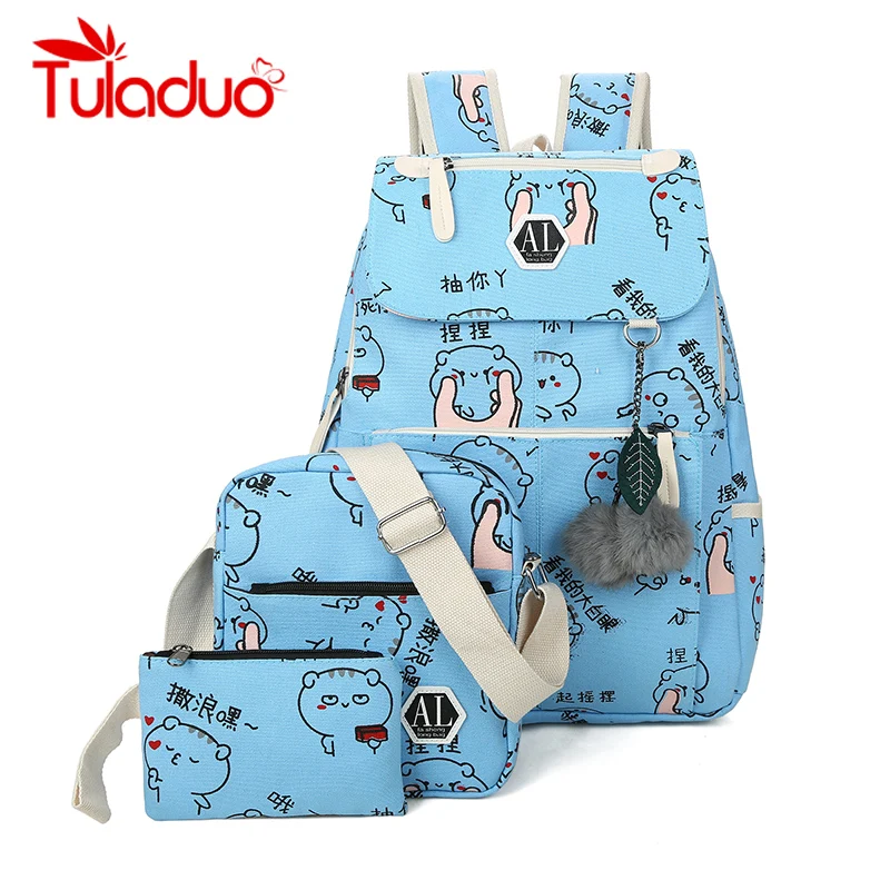 

Tuladuo 3 Pcs/set Backpack Female School Bags Cartoon Printing Backpacks Big Laptop Backpack Emoji Crossbody Bags for Women 2018