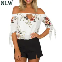 NLW белая Цветочная шифоновая блузка рубашка с открытыми плечами с коротким рукавом летняя блузка Топ 2018 Женская Сексуальная Блузка с