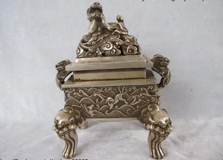 China Tibet Silver carved Dragon Foo Dogs lions Incense Burner Censer