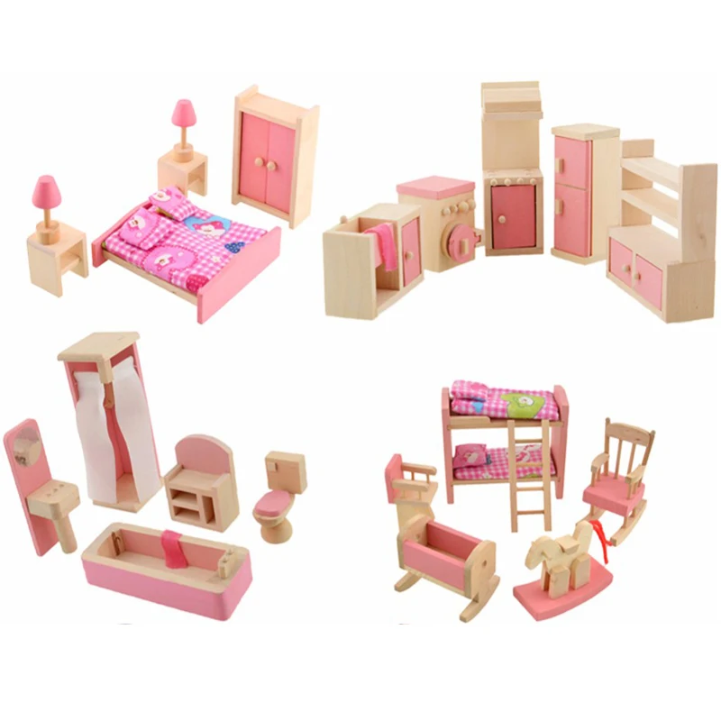 Wooden Mini Furniture Set Kids Pretend Play Toy Desk Chair Bed
