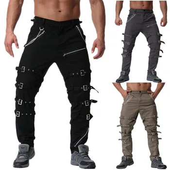

Men Moto Biker Pants Streetwear Casual Tooling Trousers New Fashion Male Long Pants Men Cotton Slim Pants Size 38
