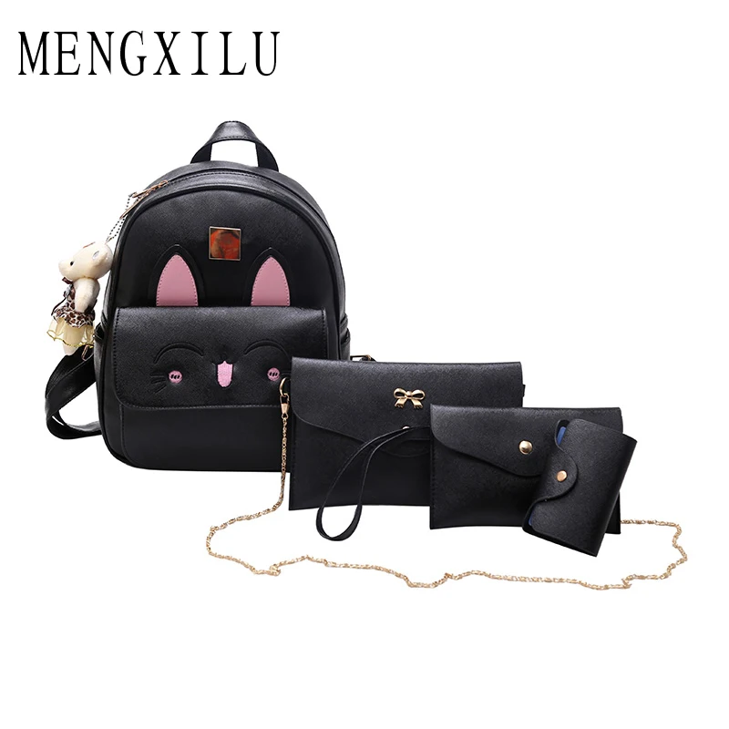 

MENGXILU Rabbit Ear Backpack Women Bag 4 Pcs School Bags For Girls Backpacks Female 2018 New Chains Shoulder Bags Preppy Style
