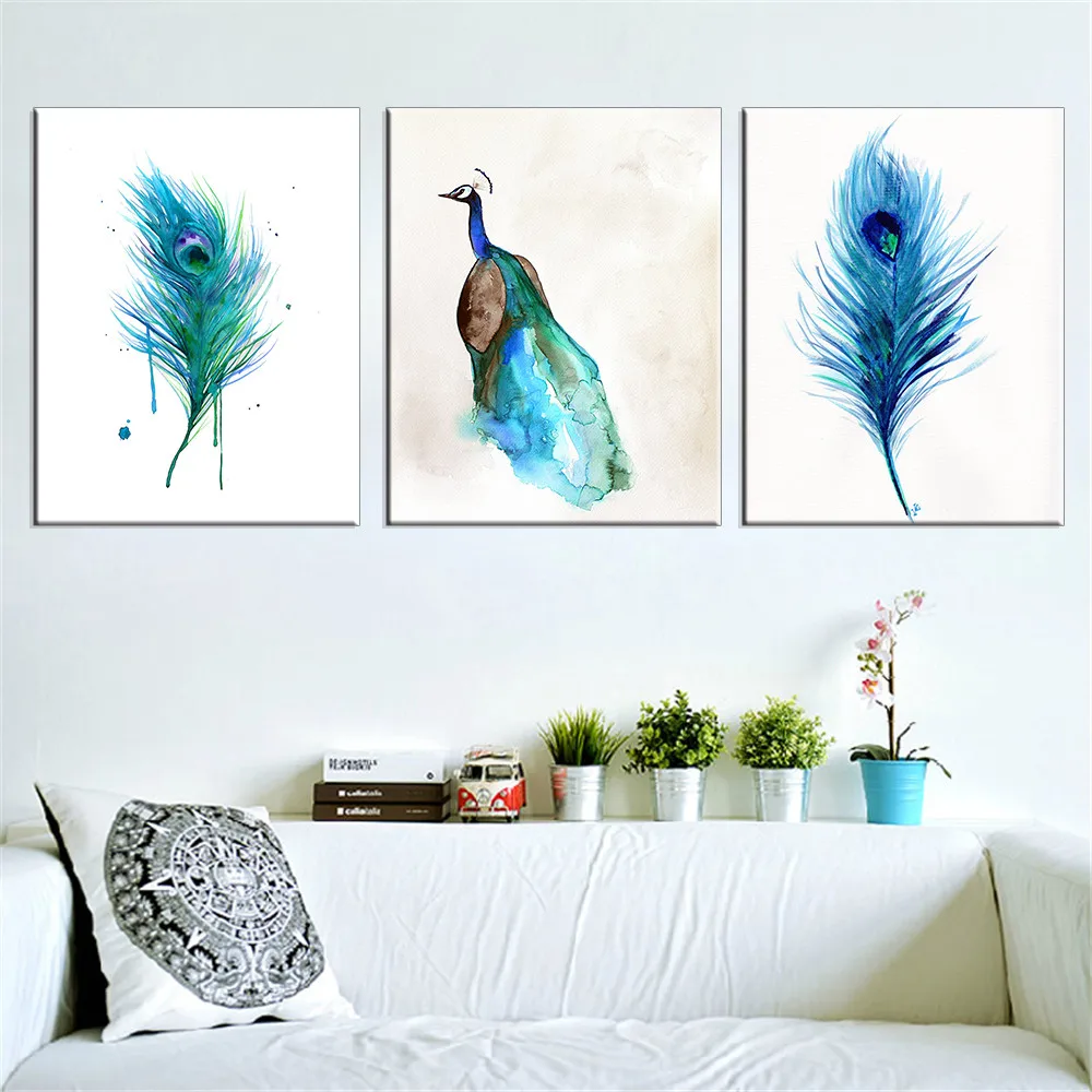 

Canvas Painting Peacock Wall Pictures Cuadros Decoration Home Decor Blue Oil Paintings for Living Room Modern No Frame 3 Pieces