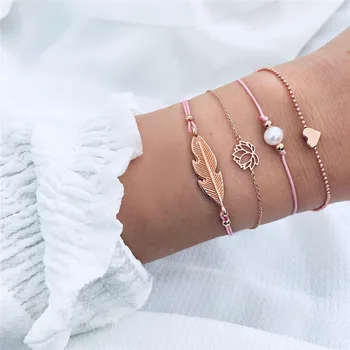 

Modyle 4pcs/ Set Bohemian Leaves Heart Love Lotus Pearl Chain Woven Multilayer Bracelet Set Women Fashion Gold Jewelry