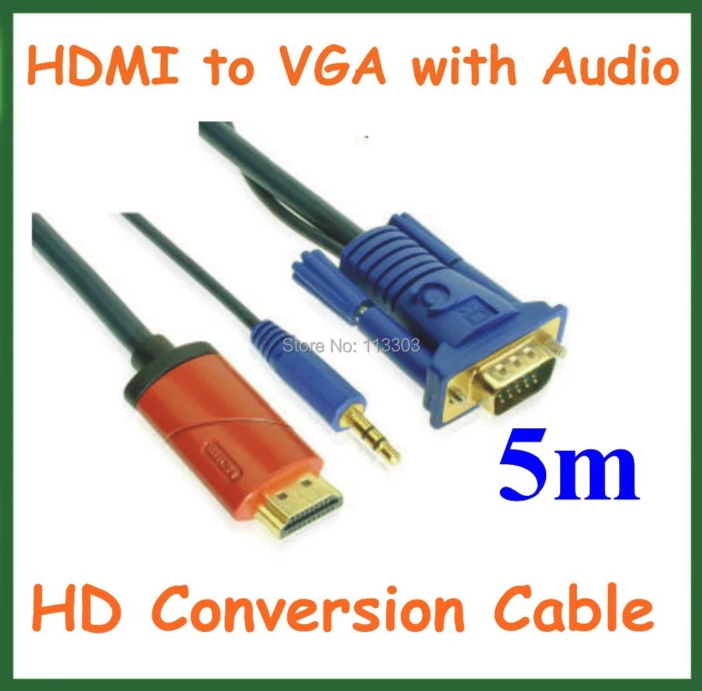 High Quality 5M HD Conversion Cable HDMI Male to VGA Male with 3.5mm