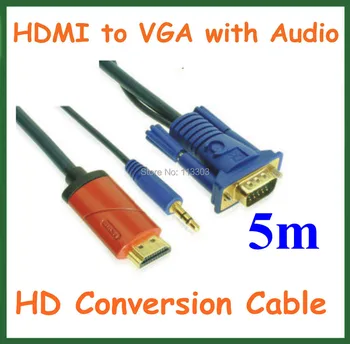 

High Quality 5M HD Conversion Cable HDMI Male to VGA Male with 3.5mm Audio Cable HDMI to VGA Video Converter Cable