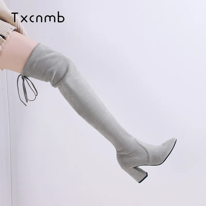 

LDHZXC 2019 women boots shoes stretch flock Genuine leather high heels thigh high boots autumn winter ladies over the knee boots