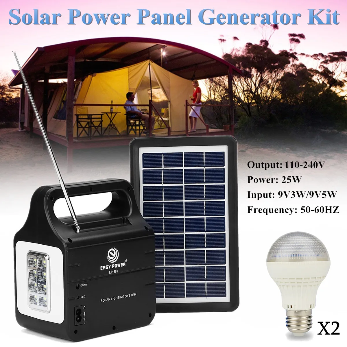 

Solar Power Panel Generator + Solar Power Panel with 2xLED Bulb 220V/3A 25W Solar-charging Multiple Environmental Protection