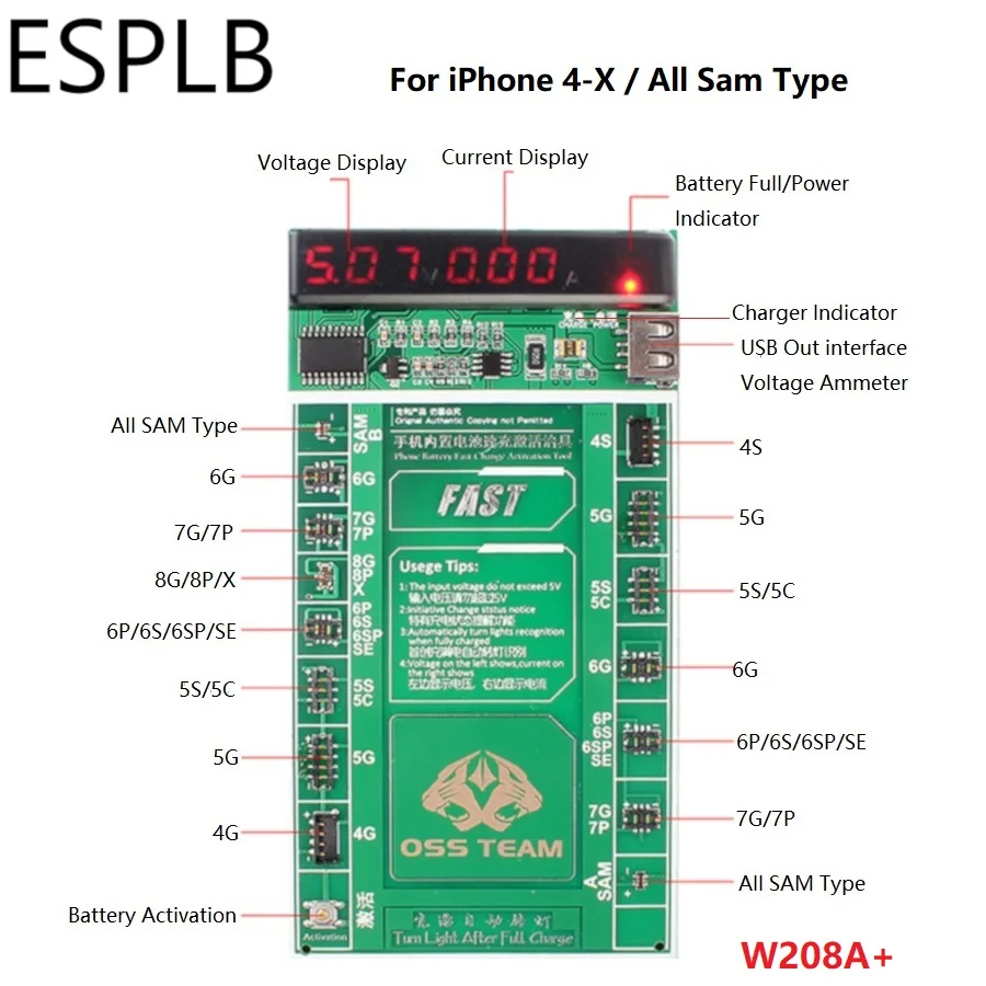 Зарядное устройство ESPLB для iPhone X 8P 8 7P 7 6P 6S 6SP 5S 5C 5 4/Samsung/Xiaomi/Oppo/Huawei с быстрой