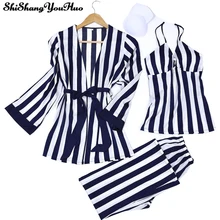 Комплект из 3 предметов, сексуальный женский халат и платье, кружевной Халат+ Ночное платье, одежда для сна, полосатый Женский пижамный комплект, халат из искусственного шелка, женское белье