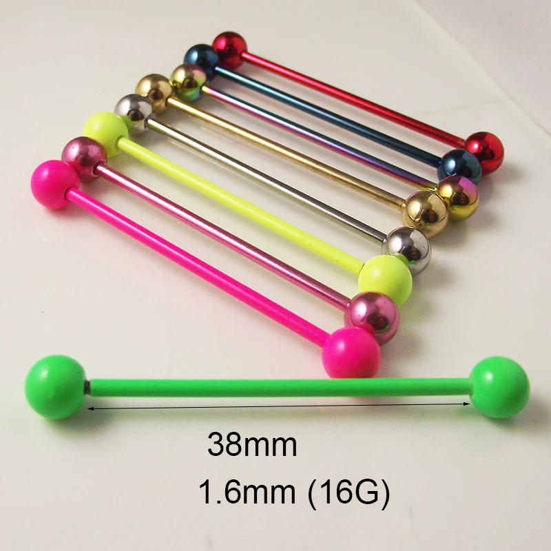 2 шт. 14 г 1,6x38x6 мм кольцо для языка Неон сладкий карамельный цвет нержавеющая сталь мяч Длинные Промышленные Штанги Пирсинг ювелирные изделия