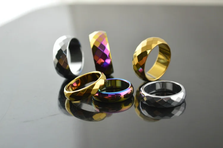 

10mm width Natural Stone Mixed Style Rainbow Color Plated Faceted Hematite Finger Band Rings 100pc/lot