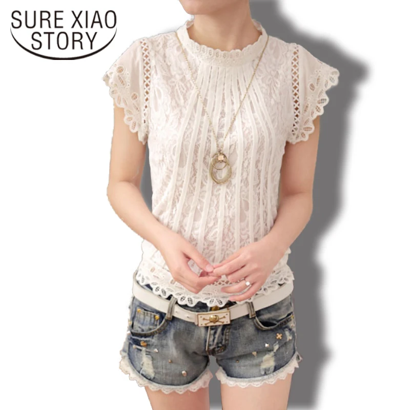 New 2018 Summer Fashion elegant solid Women Blouses Petal Sleeve Lace Chiffon O-neck Plus Size Shirt Tops 01C 35