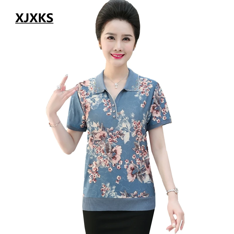 

XJXKS 2019 New Women Tee Shirt Turn-down Collar Summer Top Tee Shirt Femme Plus Size Printing Elegant Women T-shirt Tops