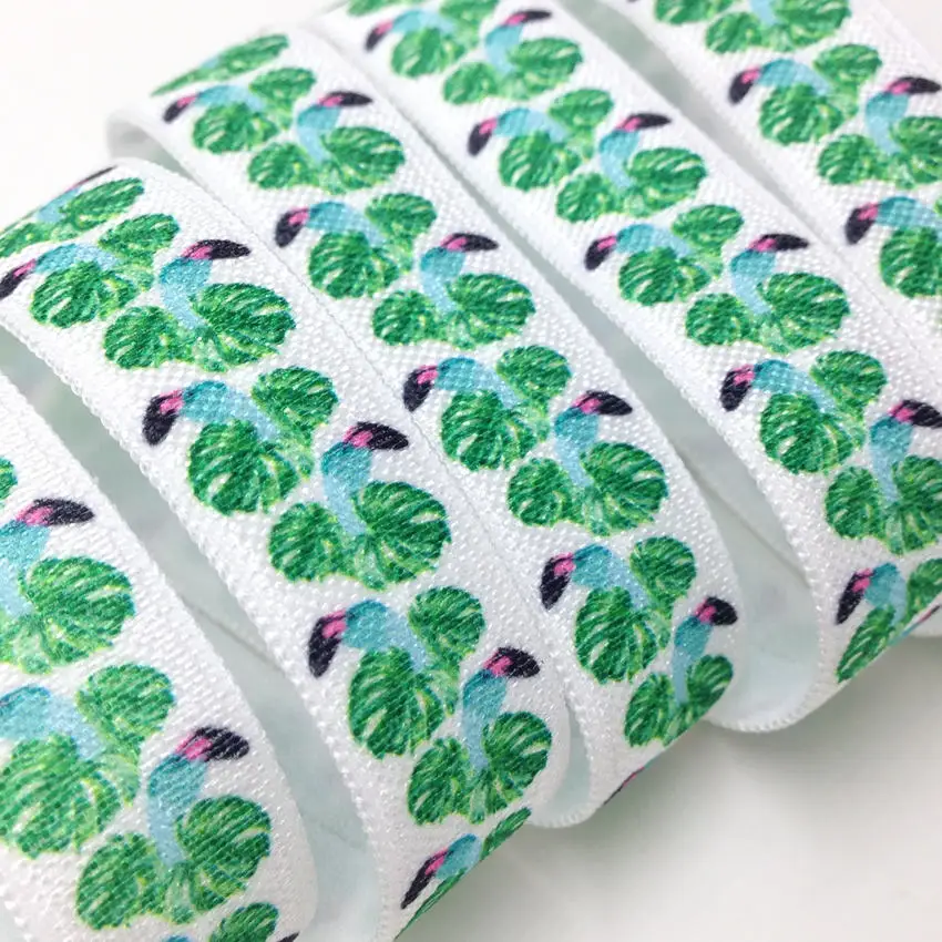 

5 Yards 16mm Green Flamingo printed foe Ribbon elastic Lace bands DIY Girl Hair tie headbands Hair accessories