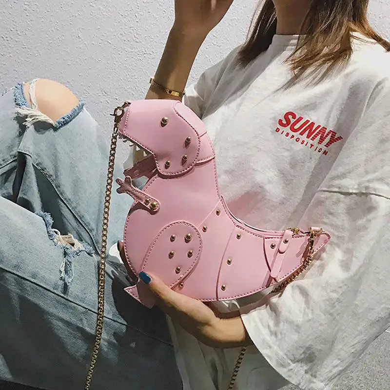 

2019 Fashion Rivet Personality Dinosaur Design Leather Crossbody Mini Messenger Bag Women Chain Purse Female Shoulder clutch Bag