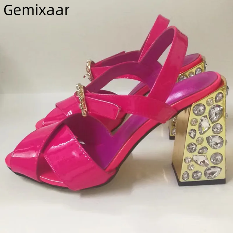 

2019 Cross Band Woman Sandals Peep Toe Ankle Buckle Decor Crystal Sandalias Chic Square High Heel Studded Jewelry Woman Sandals
