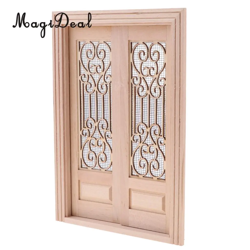 1/12 Dollhouse Miniature Wooden External Hollow Screen Double Door Unpainted Rooms DIY Items Dolls House Furniture Decor Acc
