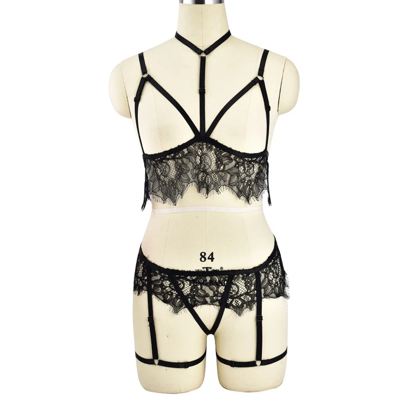 Lace Harness Top and Panties Black Elastic Body Harness Open Lingerie Set Erotic Women bdsm Lingerie Open Cup Bra Intimates Lace Harness Top and Panties Black Elastic Body Harness Open Lingerie Set Erotic Women bdsm Lingerie Open Cup Bra Intimates