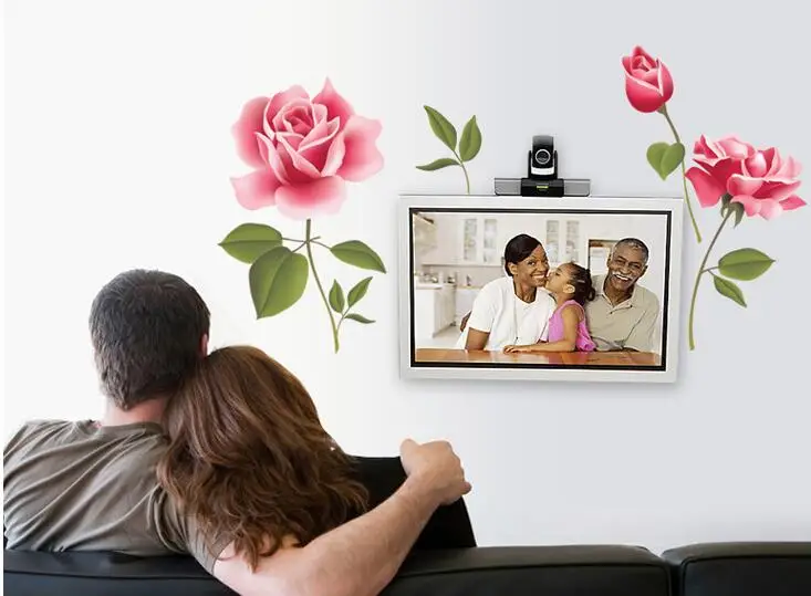 1PC Large Pink Flower Green Leaf Wall Sticker DIY Rose Decor On The