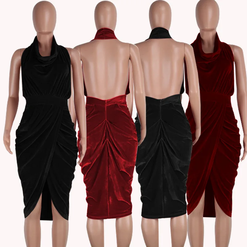 ShejoinSheenjoy Halter Sleeveless Autumn Dress Wrapped Split Backless Fold Sexy Women Dress Velvet Midi Party Dresses Clothing (5)