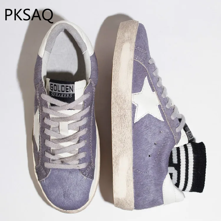 

Autumn Winter New Women Purple Little Dirty Do Old Shoes Horse Hair Fur White Shoes Ladies Star Lace Up Flat Casual Shoes