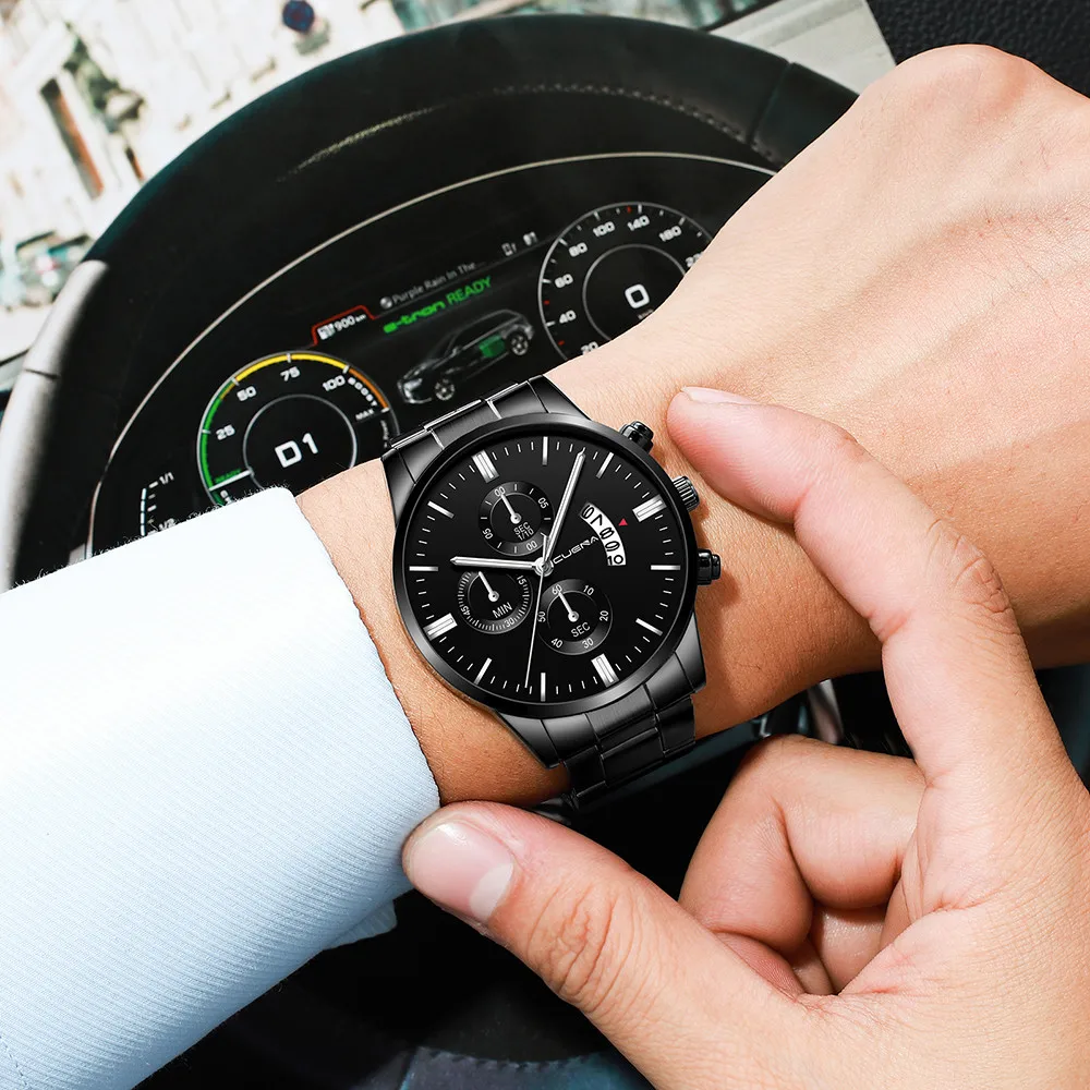 

CUENA Men Fashion Military Stainless Steel Analog Date Sport Quartz Wrist Watch Geneva Men Date Alloy Case Synthetic Watch