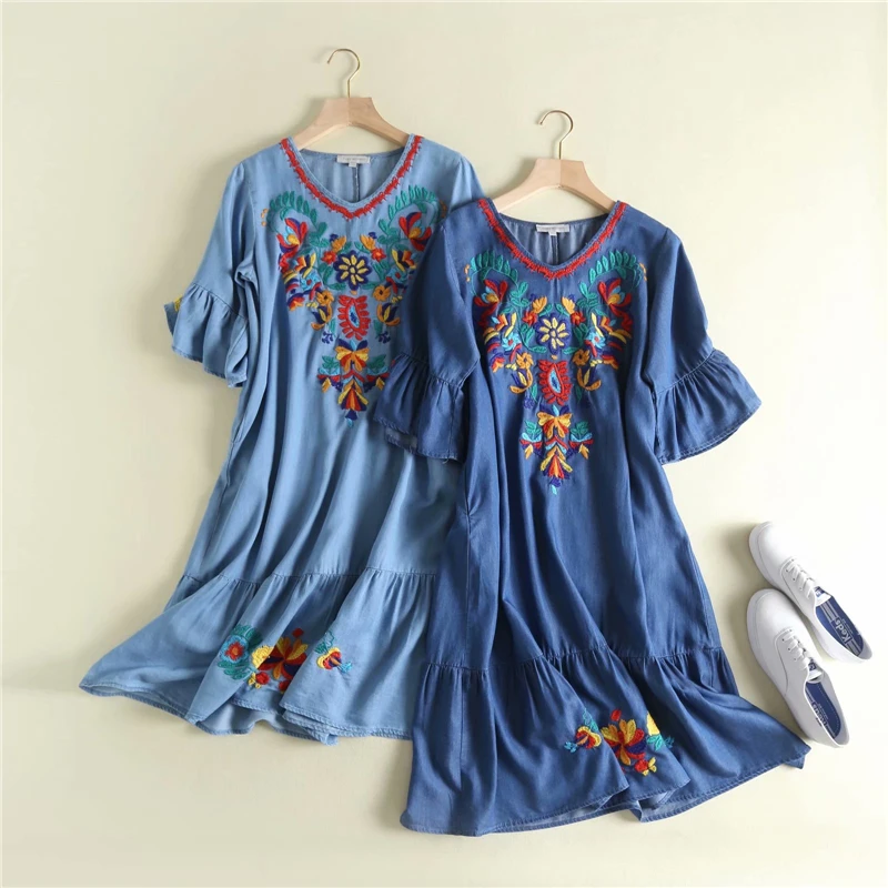 Vintage chic women floral embroidery beach Bohemian midi dress Ladies short sleeve v-neck denim Boho vestidos