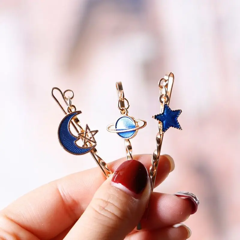 

3Pcs Japanese Metallic One Word Spiral Wavy Hairpin Sweet Girl Cute Moon Star Drop Oil Pendant Charms Hair Styling Clip Barrette