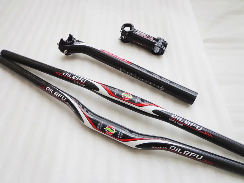 cheap Newest QILEFU Road bike 3K full carbon fibre seatpost Mountain bicycle carbon handlebar alloy stem MTB parts sets Free shipping