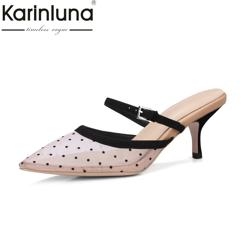 

KARINLUNA fashion large size 33-40 pointed toe leisure pink women shoes mesh sexy high heels slip on outdoor women mules pumps