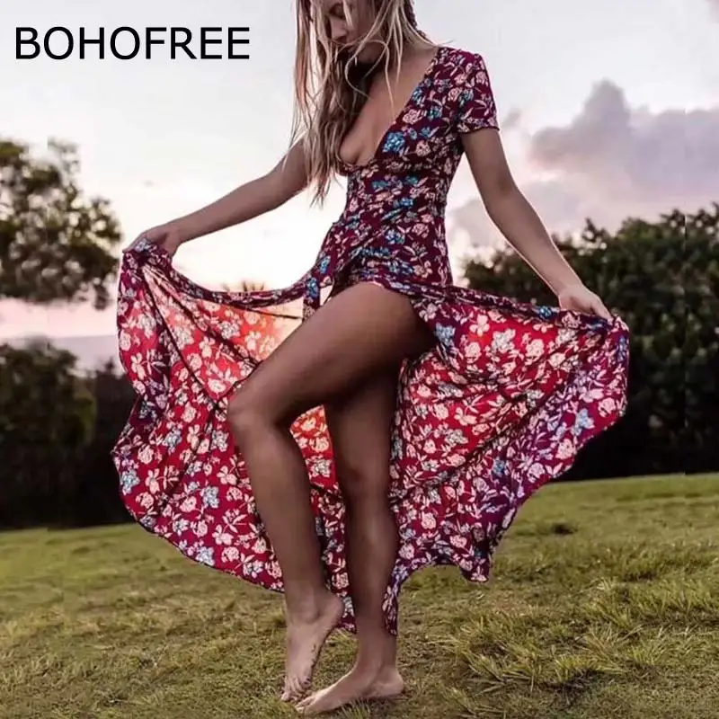 

BOHOFREE Bohemian Cotton Maxi Hippie Pleated Long Dress 2018 Vintage Gypsy Floral Dancer Vestidos Mujer V Neck Dress Women